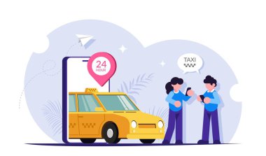 Çevrimiçi taksi kavramı. İnsanlar mobil bir uygulama kullanarak şehri dolaşmak için araba çağırıyorlar. Çevrimiçi servisin 24 saat çalışması. Modern düz vektör illüstrasyonu.