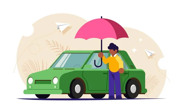 Doğal afetlere karşı araba sigortası. Şemsiyeli insanlar onun arabasının yanında duruyor. Modern düz vektör çizimi. İniş web sayfası şablonu. — Stok Vektör