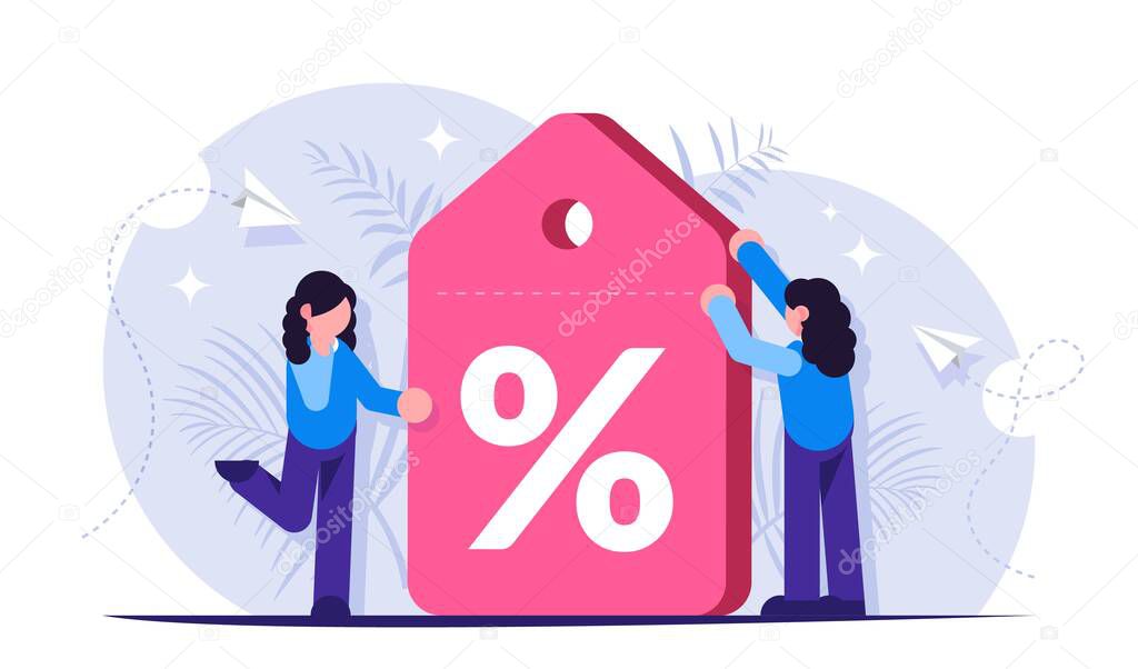 Discount label. Loyalty program. Demonstrating a large discount on a service or product. Girls get favorable terms. Vector isolated illustration.
