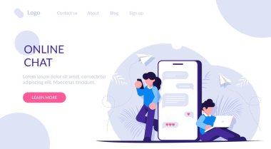 Çevrimiçi sohbet kavramı. İnsanlar sosyal medya ya da habercilerle iletişim kuruyor. İnternetteki modern iletişim. Sanal gerçekliğe dalmak. İniş web sayfası şablonu.