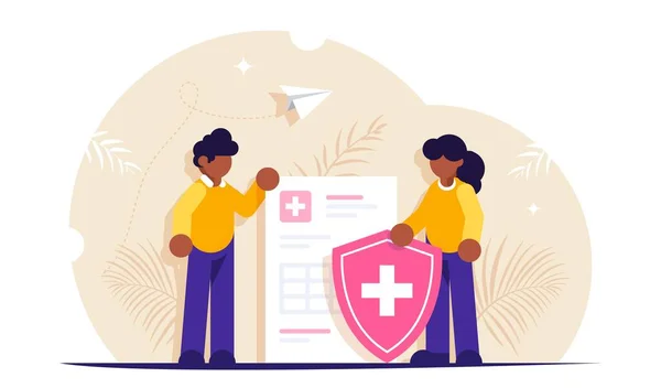 Healthcare concept. People stand in the background of a medical document and a shield. Health insurance. Modern flat vector illustration. — Stock Vector