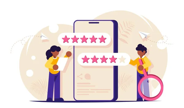 Reacties en feedback van klanten. Vijf sterren gebruikersscore voor mobiele app. Vrouw spreekt het resultaat van de studie. Man met een vergrootglas. Moderne vlakke vector illustratie. — Stockvector