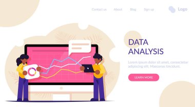 Veri analiz konsepti. Ofis sorunları. Büyük Data. İnsanlar bir gösterge paneli yapıp grafiklerle etkileşime giriyor. Kadın ve erkek bilgiyi analiz eder. Dizüstü bilgisayar elinde. İniş web sayfası şablonu.