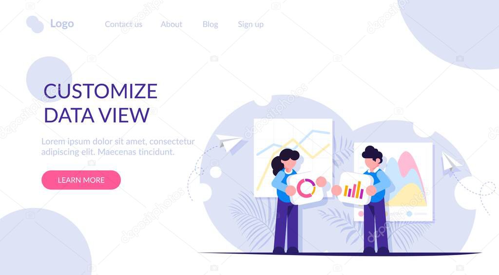 People build a dashboard and interact with graphs. Offer to choose the best way to display information. Data analysis, and office situations. Landing web page template.