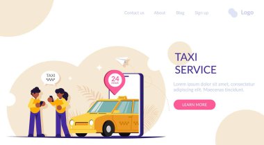 Çevrimiçi taksi kavramı. İnsanlar mobil bir uygulama kullanarak şehri dolaşmak için araba çağırıyorlar. Çevrimiçi servisin 24 saat çalışması. Modern düz vektör çizimi. İniş web sayfası şablonu.