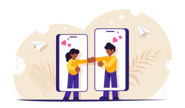 Web sitesi ya da randevu uygulaması kavramı. Aşkınla tanış. İnsanlar birbirleriyle telefon aracılığıyla iletişim kurarlar. Modern metafor. Düz vektör illüstrasyonu.