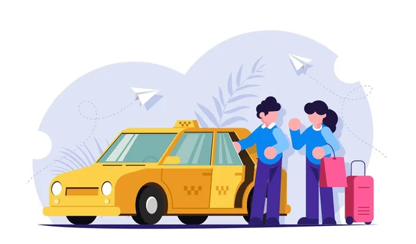 El taxista ayuda a la chica con el equipaje. La gente se para cerca de un coche amarillo. Moderna ilustración vectorial plana . — Archivo Imágenes Vectoriales