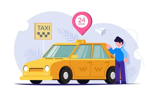 Táxi online 24 horas por dia. O motorista ou cliente perto do carro amarelo. O serviço 24 horas está funcionando. Ilustração moderna do vetor plano . —  Vetores de Stock