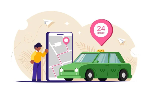 Chiamo un taxi tramite un'app mobile. Mappa della città sullo schermo del telefono. Persone vicino a un telefono grande e una macchina verde. Moderna illustrazione vettoriale piatta . — Vettoriale Stock