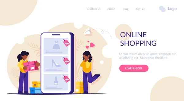 Online shopping concept. Girls make purchases in online store choosing the goods on the site through a mobile phone. Buying dresses, shoes and perfumes. Landing web page template. — Stock Vector