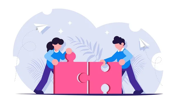 Teamwork concept. People work together. Achieving the goal together. Combining the figurines of the puzzle into a common detail. Modern flat vector illustration. — Stock Vector