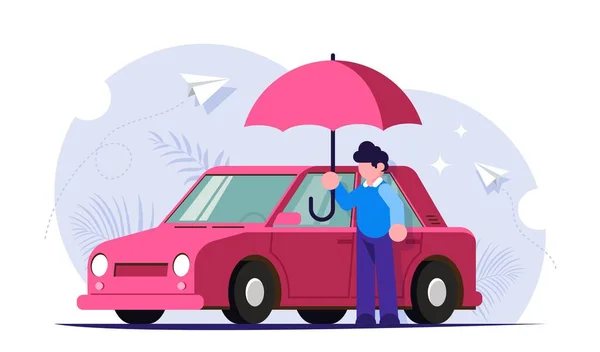 Ubezpieczenie samochodu od klęsk żywiołowych. Ludzie z parasolem stoją w pobliżu jego samochodu. Nowoczesny płaski wektor ilustracji. — Wektor stockowy