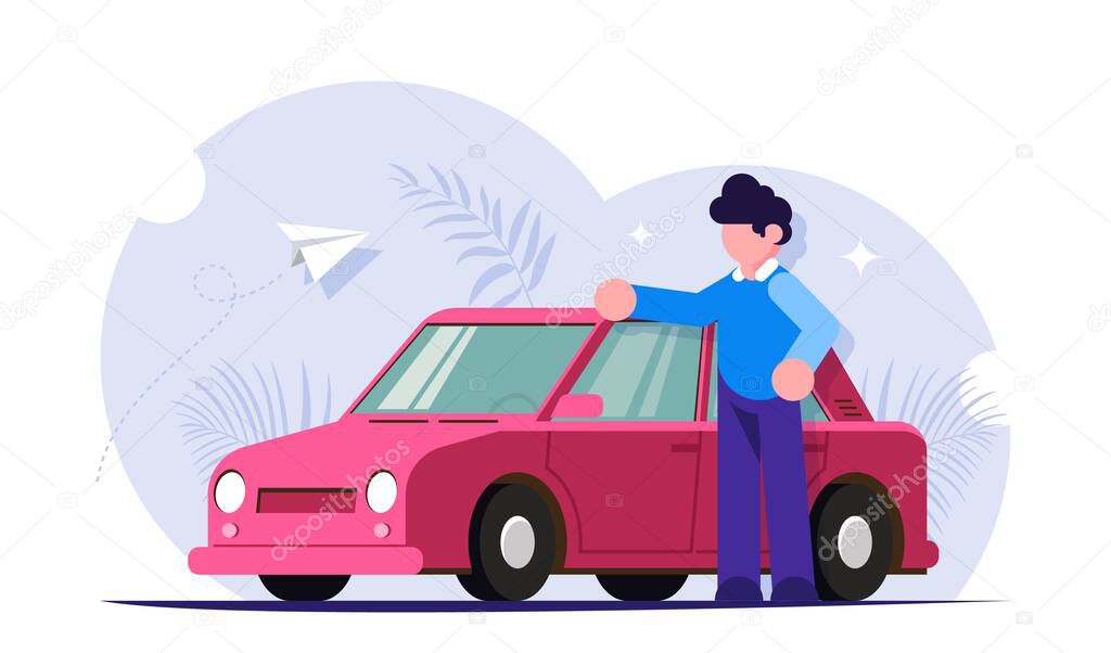 Happy motorist concept. People stands next to his red car. Buying or service for cars. Modern flat vector illustration.