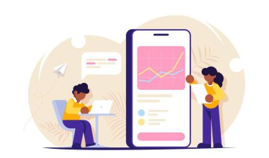 Veri analiz konsepti. Erkek ve kadın büyük verilerle çalışır. Telefonunu ya da laptopunu kullanarak verileri analiz ediyorsun. Modern düz vektör illüstrasyonu.