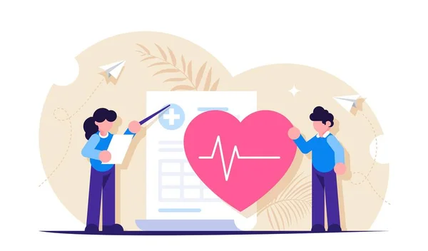 Health insurance or life is a concept. People stand near a medical document depicting a large heart. The girl looks at the documents and shows with a pointer. Modern flat vector illustration. — Stock Vector