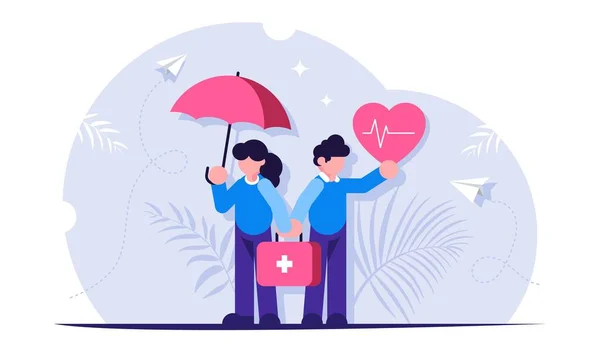 Sjukförsäkring eller liv är ett begrepp. Människor står med ett hjärta och ett paraply i sina händer som symboliserar hälsoskydd. Modern platt vektor illustration. — Stock vektor
