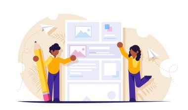 İnsanlar kalite içeriği yaratmak için çalışıyorlar. Sahte bir web sayfası ya da haber portalı. Modern düz vektör illüstrasyonu