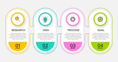 Simgeli ve 4 basamaklı bilgi tasarımı. İnce çizgi vektörü. Bilgi işlem iş konsepti. Bilgi grafikleri, akış grafikleri, sunumlar, web siteleri, afişler, yazılı materyaller için kullanılabilir.