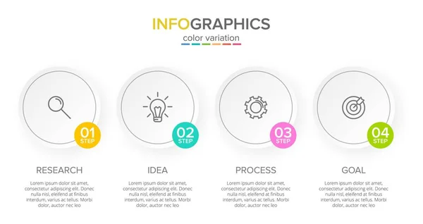 Infografisk design med ikoner och 4 alternativ eller steg. Tunn linje vektor. Affärsidé för informationsgrafik. Kan användas för informationsgrafik, flödesscheman, presentationer, webbplatser, banderoller, trycksaker. — Stock vektor