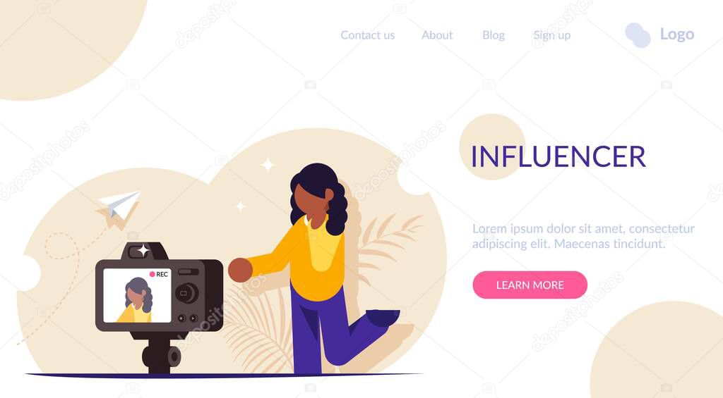 Influencer concept. The process of shooting video content for a blogger or streamer. Record streaming video. Appeal of a popular person to his subscribers. Landing web page template.