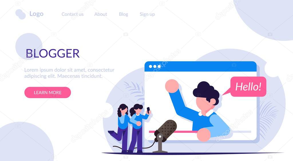 Streaming video blogger on the browser page. Subscribers watch a popular person or influencer. Modern flat vector illustration. Landing web page template.