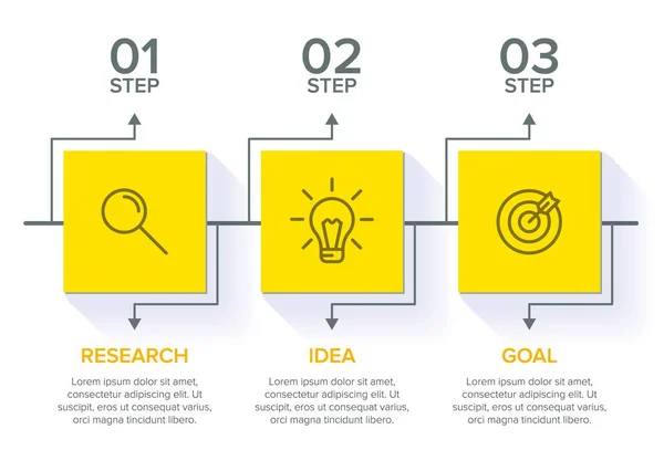 Begrebet pil forretningsmodel med 3 på hinanden følgende trin. Tre farverige grafiske elementer. Tidslinje design til brochure, præsentation. Infografisk design layout. – Stock-vektor