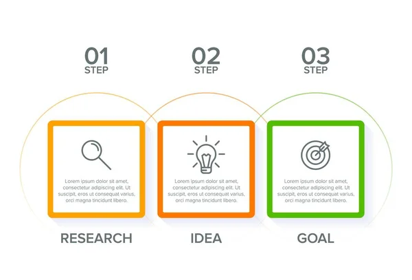 Concepto de modelo de negocio de flechas con 3 pasos sucesivos. Tres coloridos elementos gráficos. Diseño de cronología para folleto, presentación. Diseño infográfico. — Archivo Imágenes Vectoriales