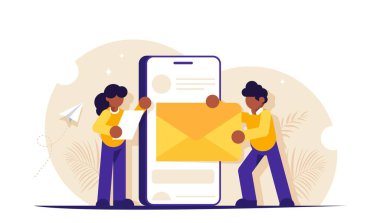 E-posta pazarlama konsepti. İnsanlar cep telefonu kullanarak mektup gönderir ya da alırlar. İş yazışmaları ya da tanıtım mesajları. Modern düz vektör illüstrasyonu.