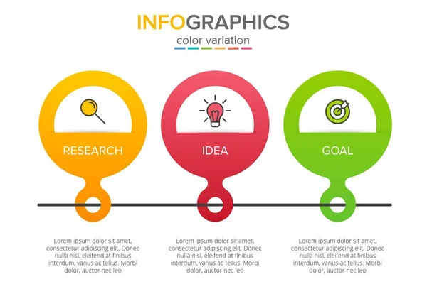 Konzept des Pfeil-Geschäftsmodells mit 3 aufeinander folgenden Schritten. Drei farbenfrohe grafische Elemente. Timeline-Design für Broschüre, Präsentation. Gestaltung der Infografik. — Stockvektor