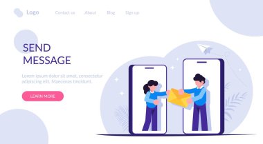 Mesaj göndermek bir kavramdır. İnsanlar zarfı elden ele veriyor. Sosyal medya. Modern düz vektör illüstrasyonu.