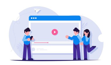 İnsanlar internetten ve sosyal ağlardan videoları izleyip paylaşıyorlar. Tarayıcıdaki video sunucusu. Canlı yayın ya da blog. Modern düz vektör illüstrasyonu.