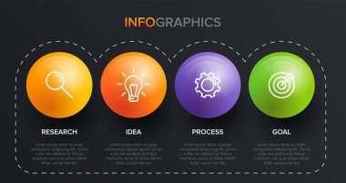 Simgeli ve 4 basamaklı bilgi tasarımı. İnce çizgi vektörü. Bilgi işlem iş konsepti. Bilgi grafikleri, akış grafikleri, sunumlar, web siteleri, afişler, yazılı materyaller için kullanılabilir.