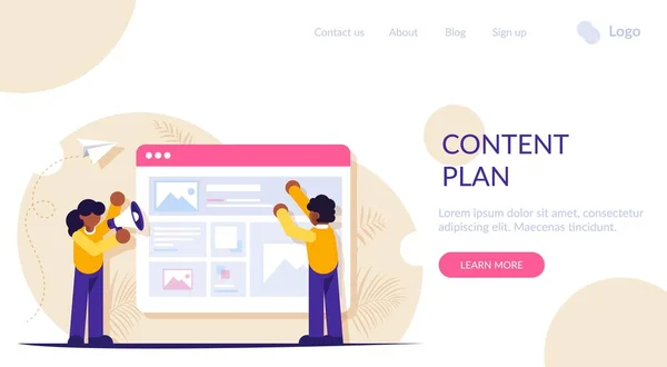 La gente está trabajando en la creación de un plan de contenido para futuras publicaciones o artículos. Ilustración moderna de vectores planos. Plantilla de página web de aterrizaje — Archivo Imágenes Vectoriales
