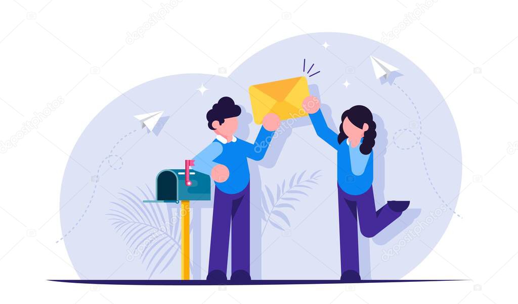 New email concept. People stand with a paper envelope near the mailbox. Notification of an incoming message. Modern flat vector illustration.