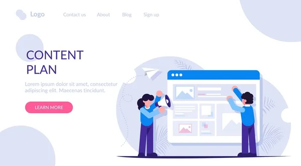 La gente está trabajando en la creación de un plan de contenido para futuras publicaciones o artículos. Ilustración moderna de vectores planos. Plantilla de página web de aterrizaje — Archivo Imágenes Vectoriales