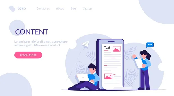 Crear contenido cóncavo. La gente está trabajando en la creación de mensajes de información al-información en las redes sociales o sitios de noticias. Ilustración moderna de vectores planos. Plantilla de página web de aterrizaje . — Archivo Imágenes Vectoriales