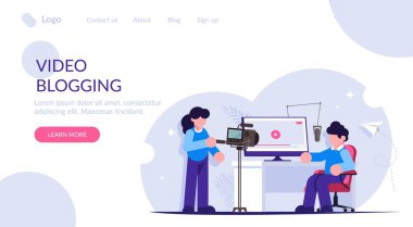 Video blog konsepti. Kanalınız ya da sosyal ağınız için eğlenceli ya da eğitici içeriği alın. Ev video stüdyosu. Modern düz vektör çizimi. İniş web sayfası şablonu.