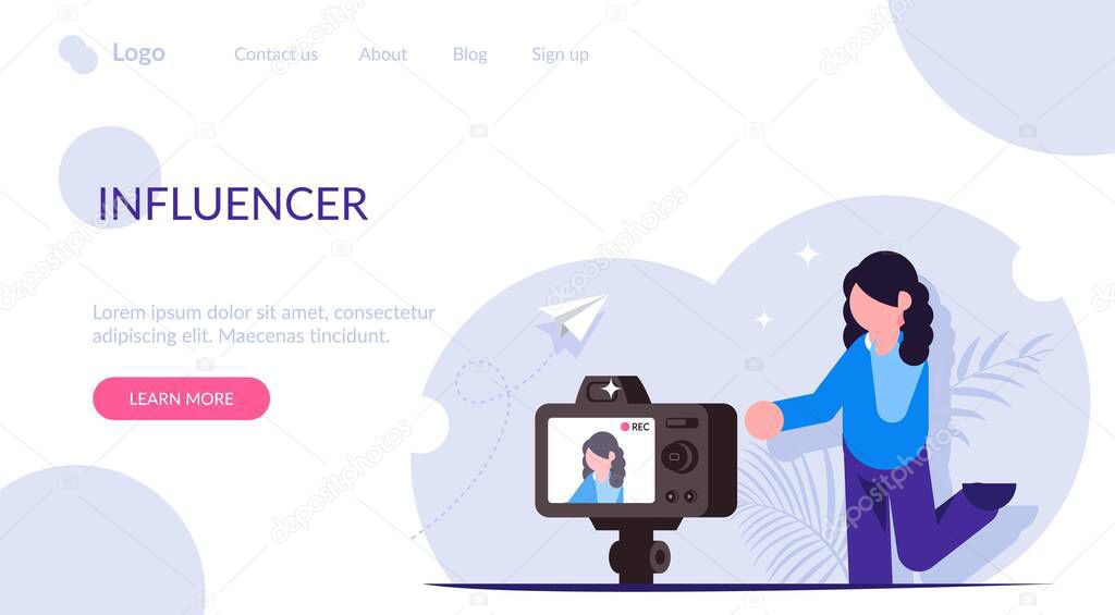Influencer concept. The process of shooting video content for a blogger or streamer. Record streaming video. Appeal of a popular person to his subscribers. Landing web page template.
