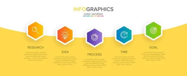 Infografik-Design mit Symbolen und 5 Optionen oder Schritten. Dünnlinienvektor. Infografik Geschäftskonzept. Kann für Informationsgrafiken, Flussdiagramme, Präsentationen, Websites, Banner, Druckmaterialien verwendet werden. — Stockvektor