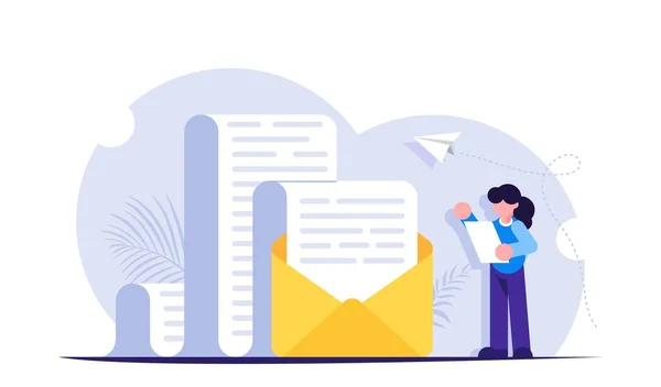 Spam ou e-mail indesejado. Um envelope com um documento em papel grande ou um anúncio. As pessoas estão perto de um envelope aberto. Ilustração moderna do vetor plano . — Vetor de Stock