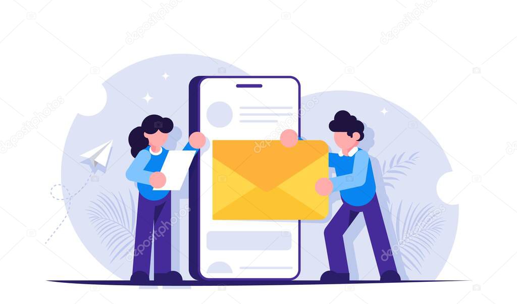 Email marketing concept. People send or receive a letter using a mobile phone. Business correspondence or promotional messages. Modern flat vector illustration.