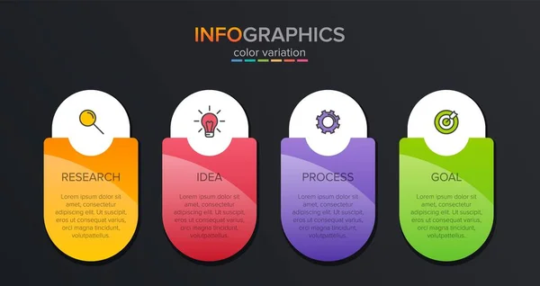 Инфографический дизайн с иконками и 4 вариантами или шагами. Тонкая линия вектора. Инфографика бизнес-концепция. Может использоваться для инфо-графики, диаграмм, презентаций, веб-сайтов, печатных материалов. — стоковый вектор