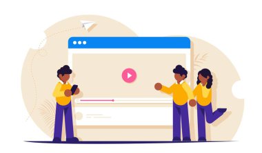 İnsanlar internetten ve sosyal ağlardan videoları izleyip paylaşıyorlar. Tarayıcıdaki video sunucusu. Canlı yayın ya da blog. Modern düz vektör illüstrasyonu.
