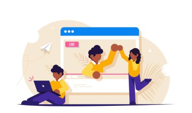 Çevrimiçi video ya da canlı yayın kavramı. Blogcu izleyiciler ve abonelerle iletişim kuruyor. Yayını tarayıcıdan izle. Modern düz vektör illüstrasyonu.