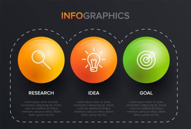 Ardışık üç adımlı ok iş modeli kavramı. Üç renkli grafik öğe. Broşür ve sunum için zaman çizelgesi tasarımı. Infographic tasarım düzeni.