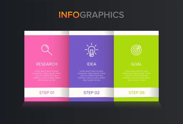 Käsite nuoli liiketoimintamalli 3 peräkkäistä vaihetta. Kolme värikästä graafista elementtiä. Aikajana suunnittelu esite, esitys. Infografisen suunnittelun asettelu. — vektorikuva