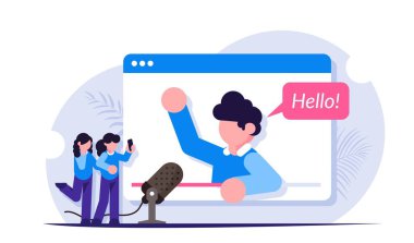 Tarayıcı sayfasında video blogcusu yayınlanıyor. Aboneler popüler birini ya da etkili birini izliyorlar. Modern düz vektör illüstrasyonu.