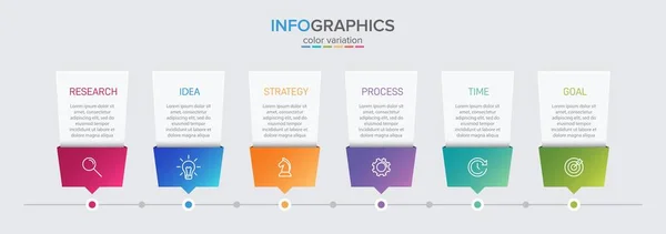 Concepto de modelo de negocio de flechas con 6 pasos isométricos sucesivos. Seis coloridos elementos gráficos. Diseño de cronología para folleto, presentación. Diseño infográfico — Vector de stock