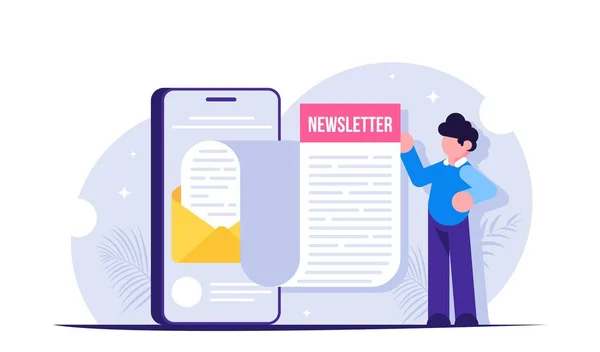 Concept de newsletter. L'homme a ouvert le courriel de nouvelles reçu sur son smartphone. Avis d'un nouveau message. Illustration vectorielle plate moderne . — Image vectorielle