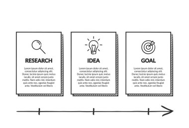 Ardışık üç adımlı ok iş modeli kavramı. Üç renkli grafik öğe. Broşür ve sunum için zaman çizelgesi tasarımı. Infographic tasarım düzeni.